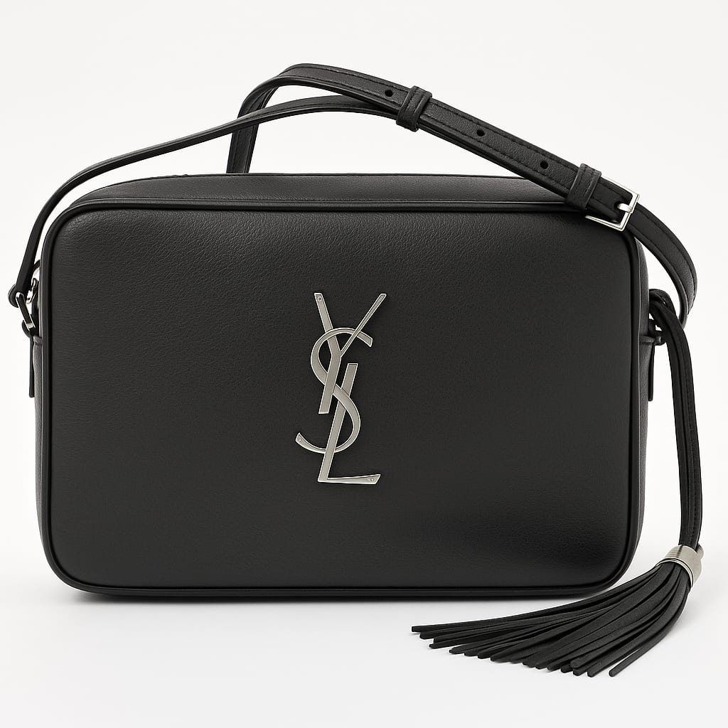 YSL Lou Camera Bag in black lambskin on white background
