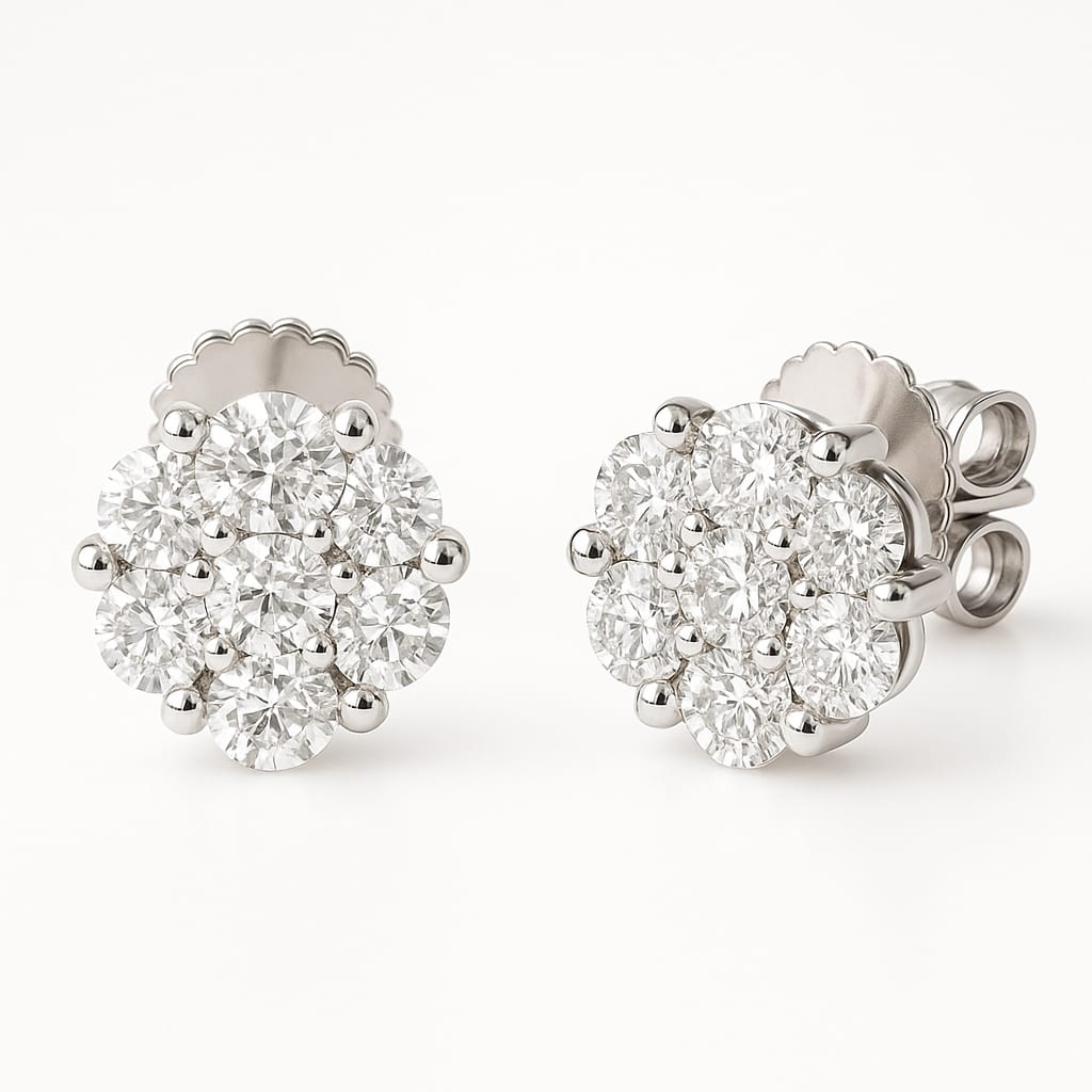 14K White Gold Diamond Cluster Earrings on a clean white background