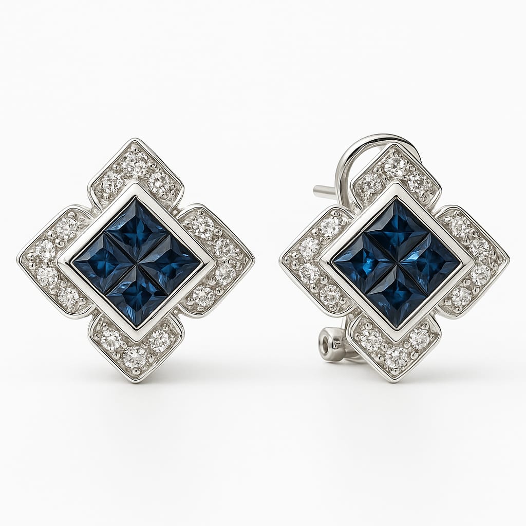 14kt White Gold Diamond Sapphire Clover Halo Earrings on white background