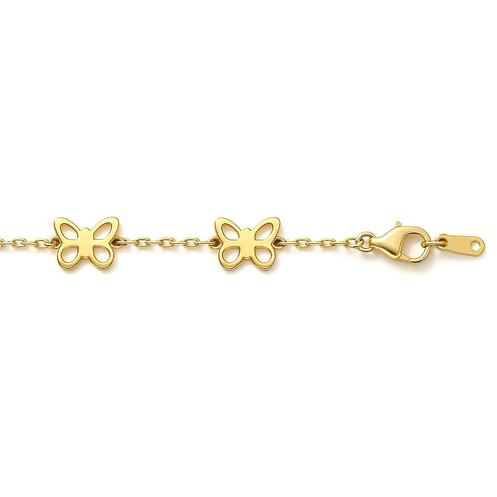 18K yellow gold charm bracelet with butterfly motifs on a white background.