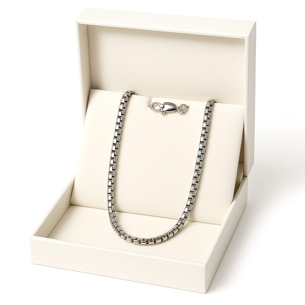 14K White Gold Rounded Box Chain Necklace on a clean white background.