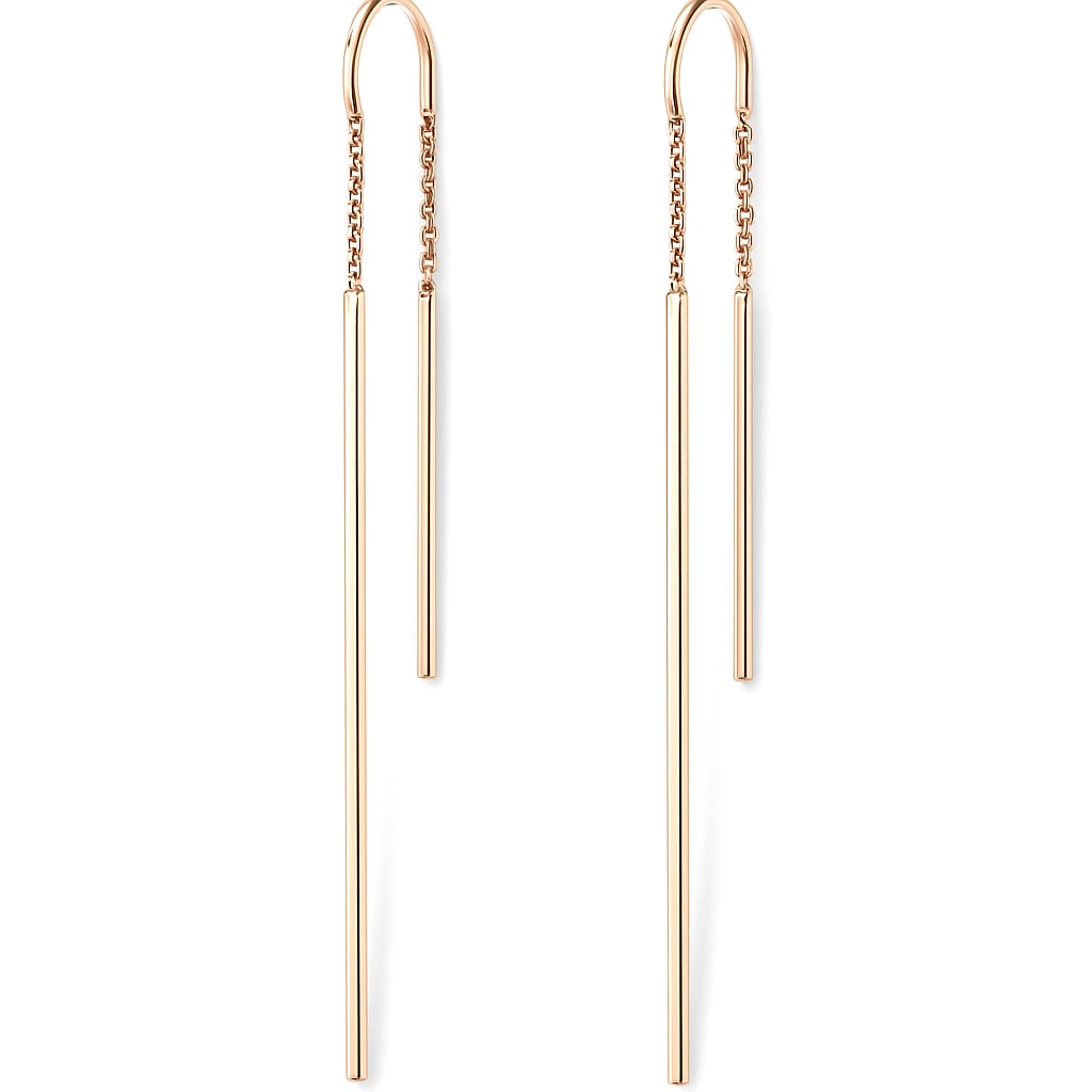 18K rose gold long-bar threader earrings on a white background