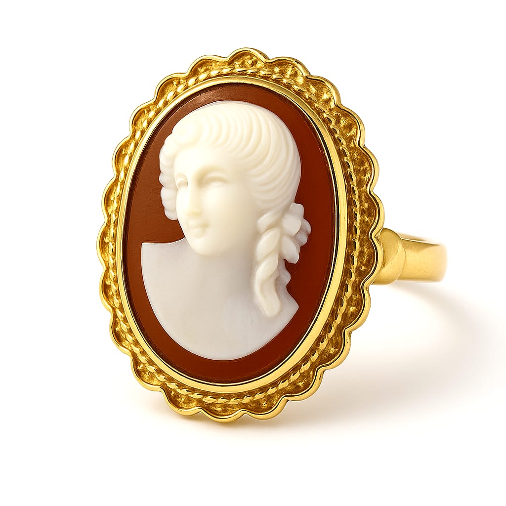 12K Yellow Gold Vintage Cameo Ring on white background