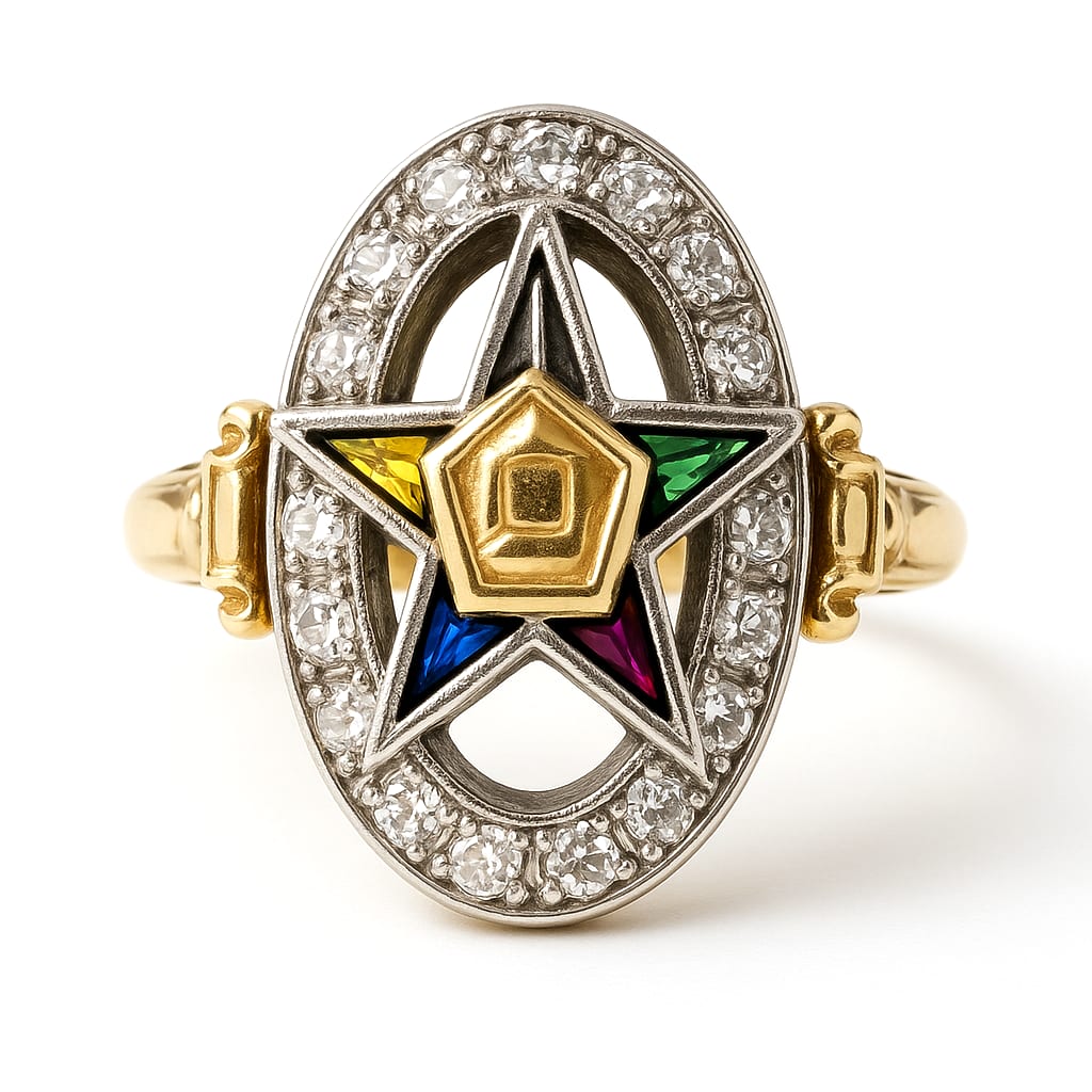 14K Gold Diamond Masonic Ring on white background