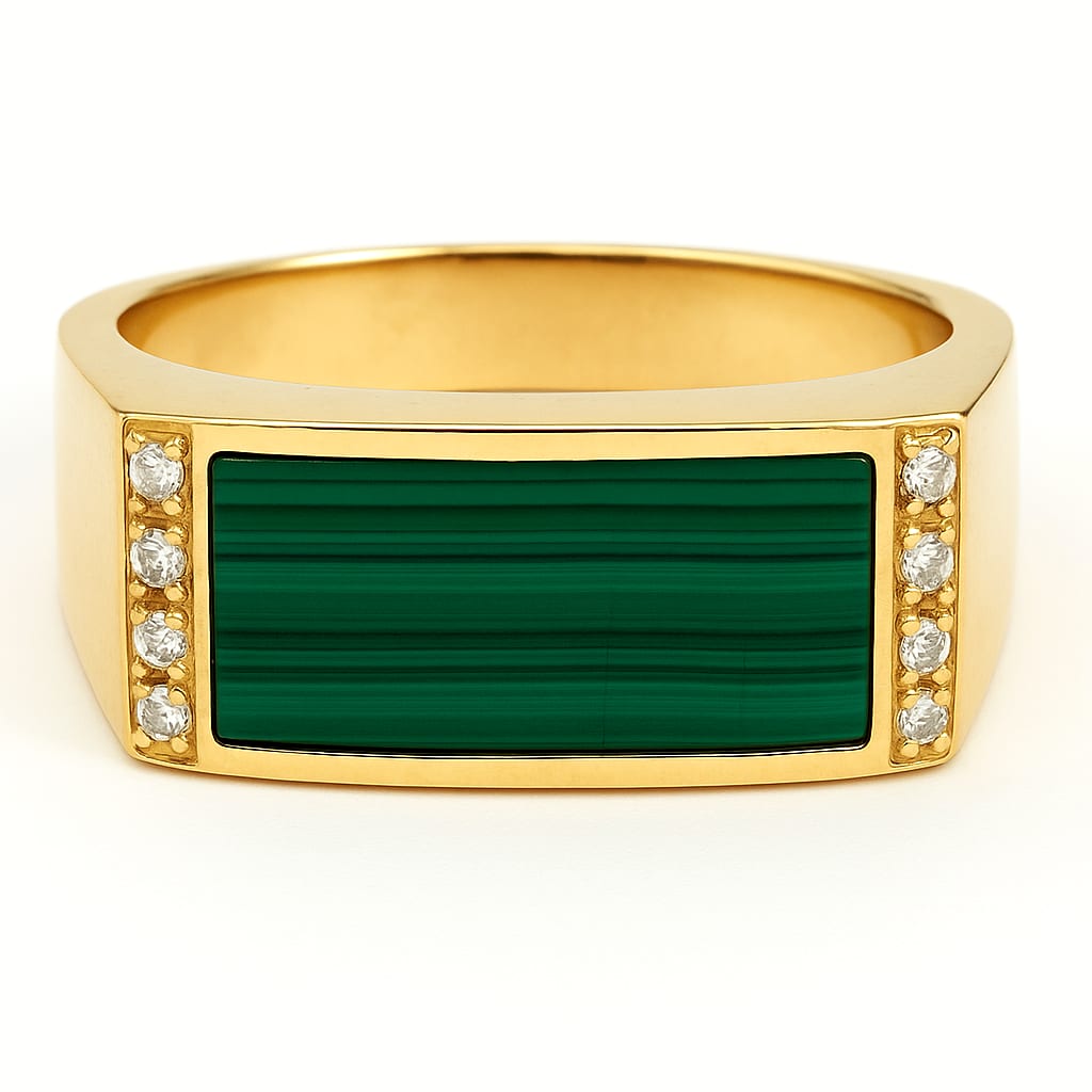 14K Yellow Gold Malachite Diamond Ring on white background