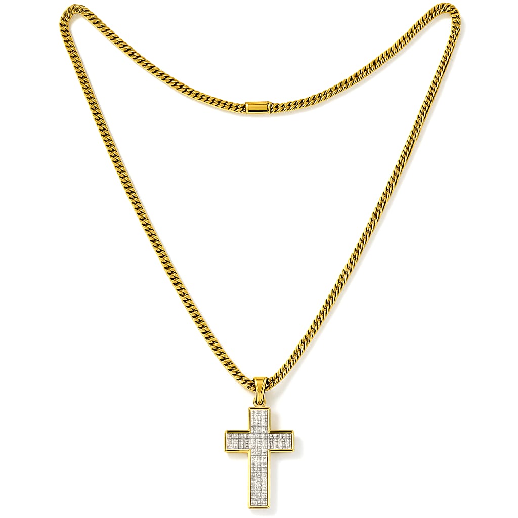 14K Gold Diamond Cross Necklace on white background