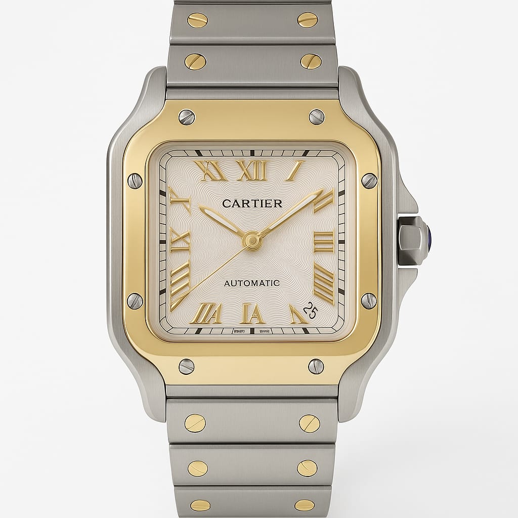 Cartier Santos luxury watch on white background