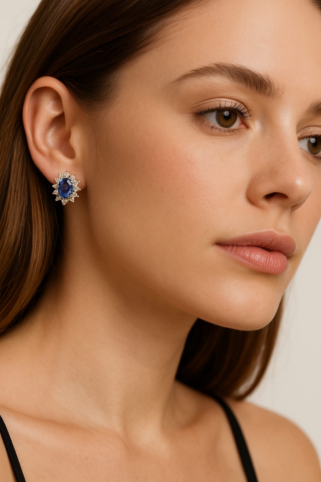 Model wearing 18kt white gold tanzanite diamond earrings.