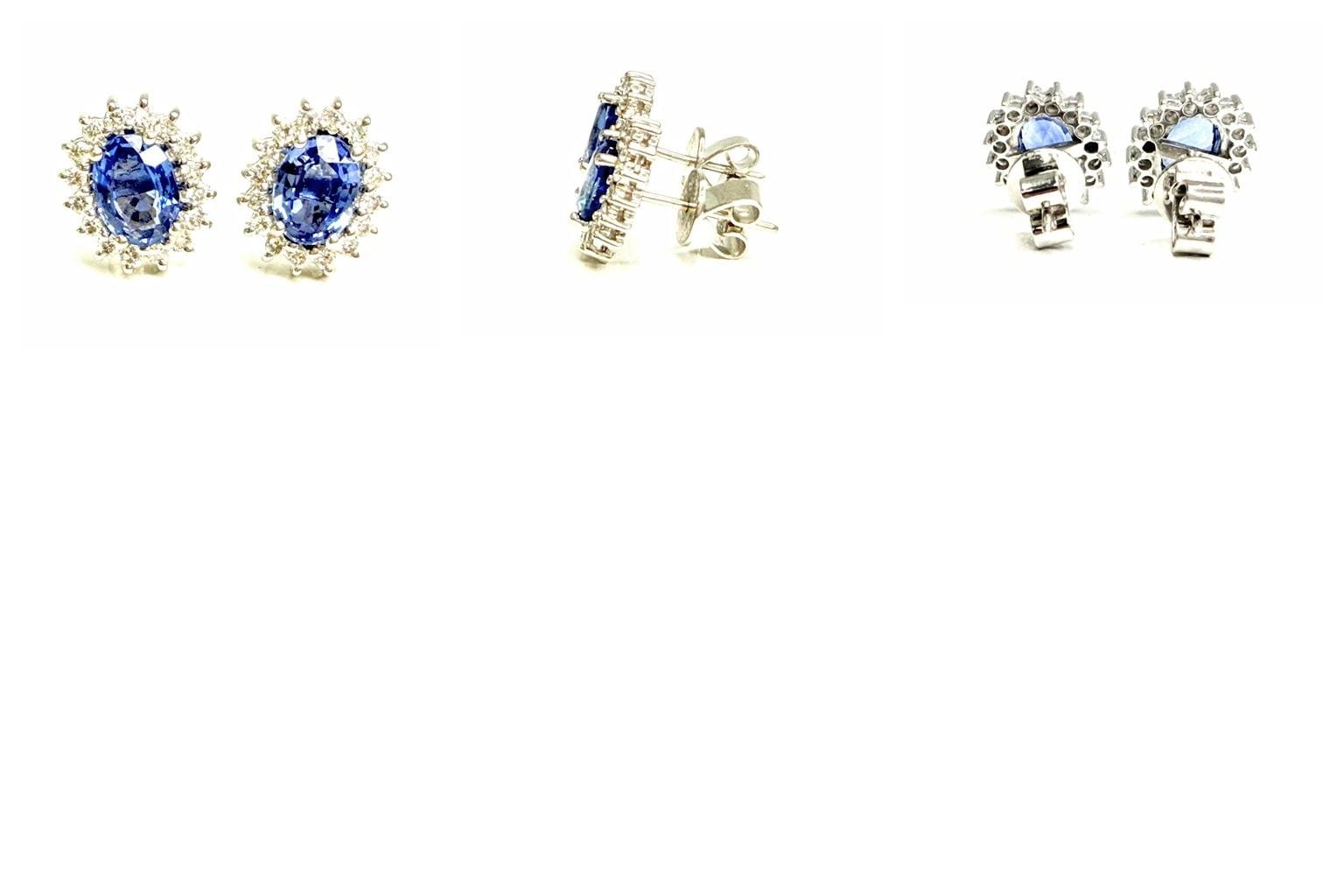 Collage of 18kt white gold tanzanite diamond earrings.