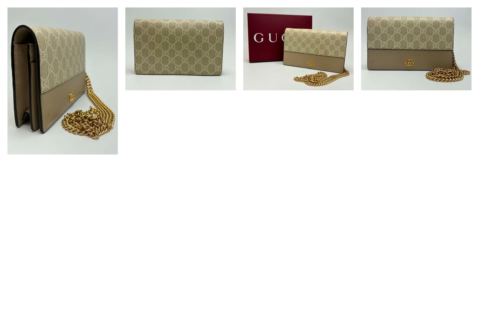 Collage of Gucci GG Supreme Wallet On A Chain Handbag details