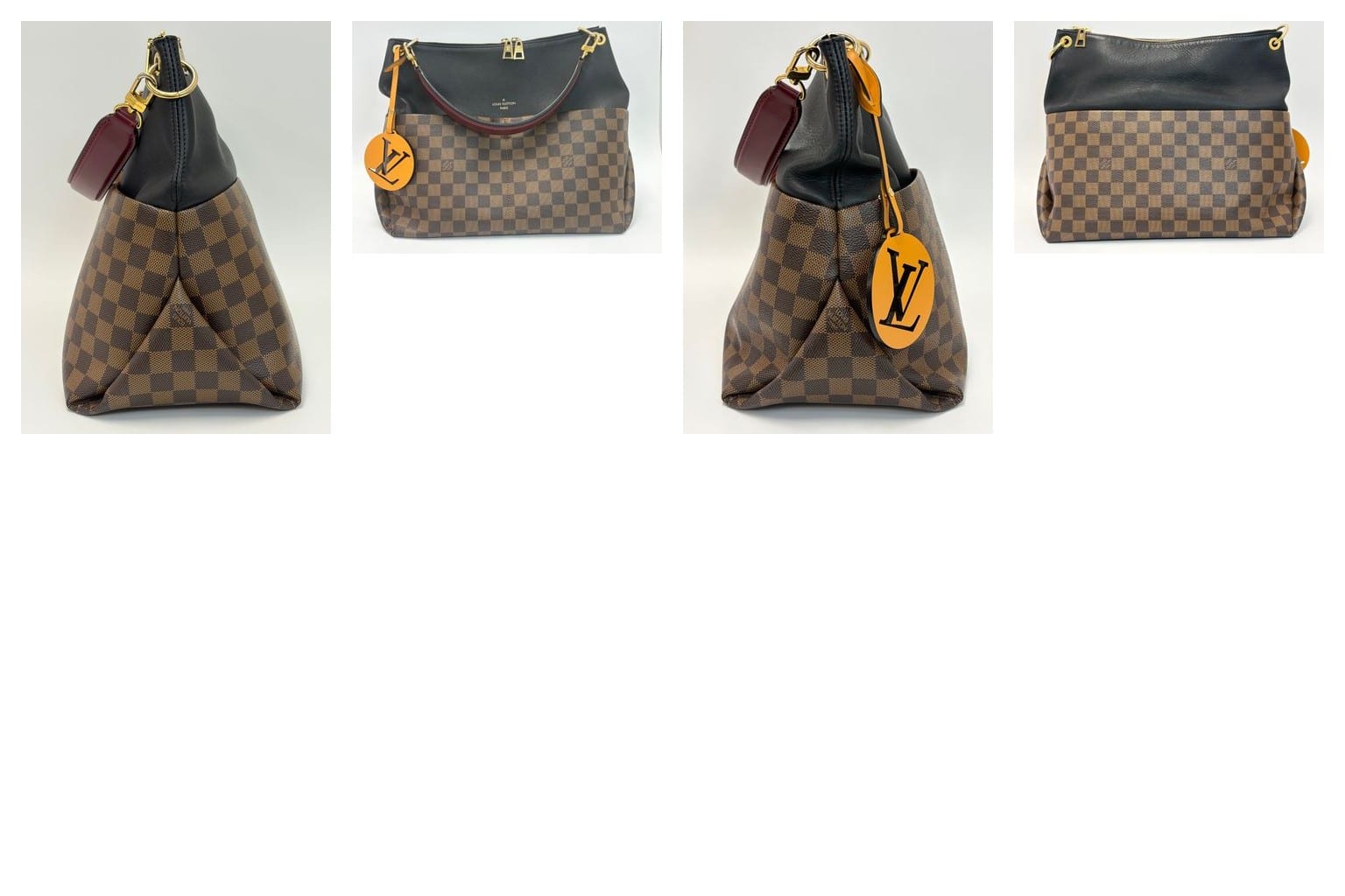 Collage of Louis Vuitton Maida handbag details