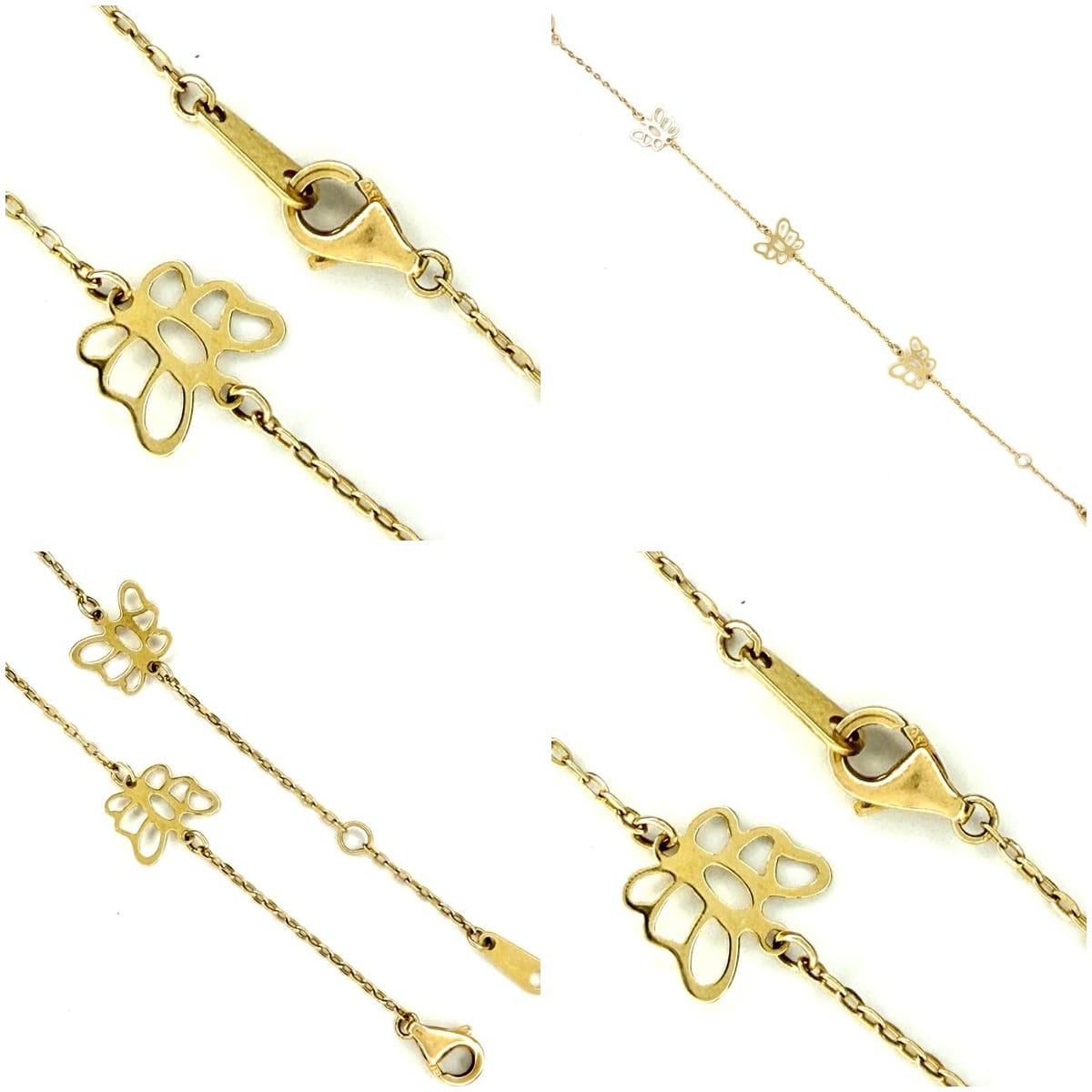 Collage of gold bracelet details showing butterfly motifs.