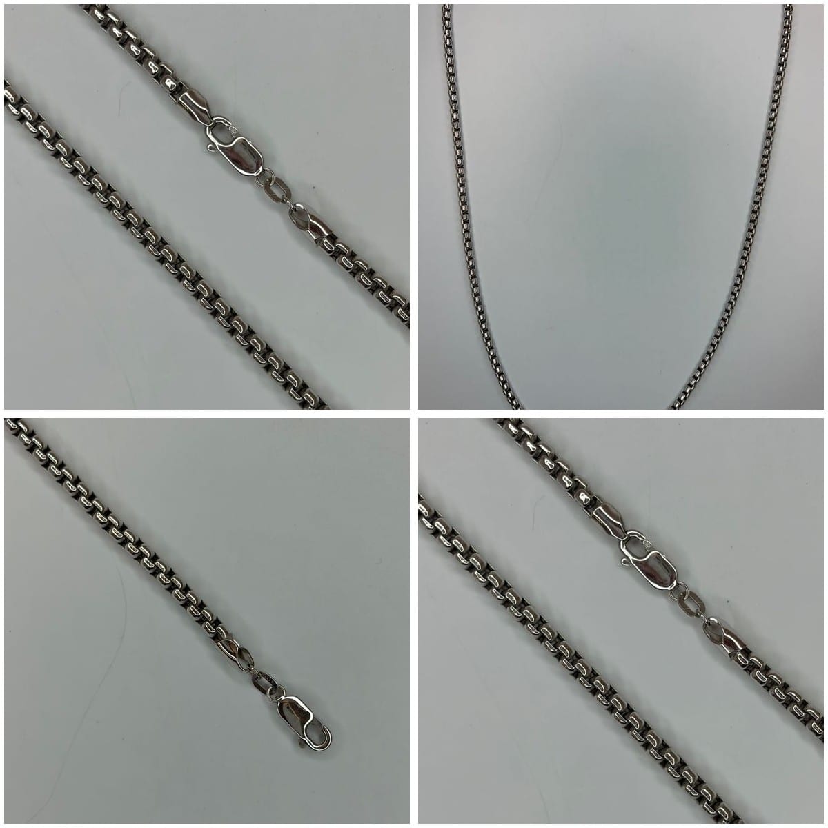 Collage of the 14K White Gold Rounded Box Chain detailing.