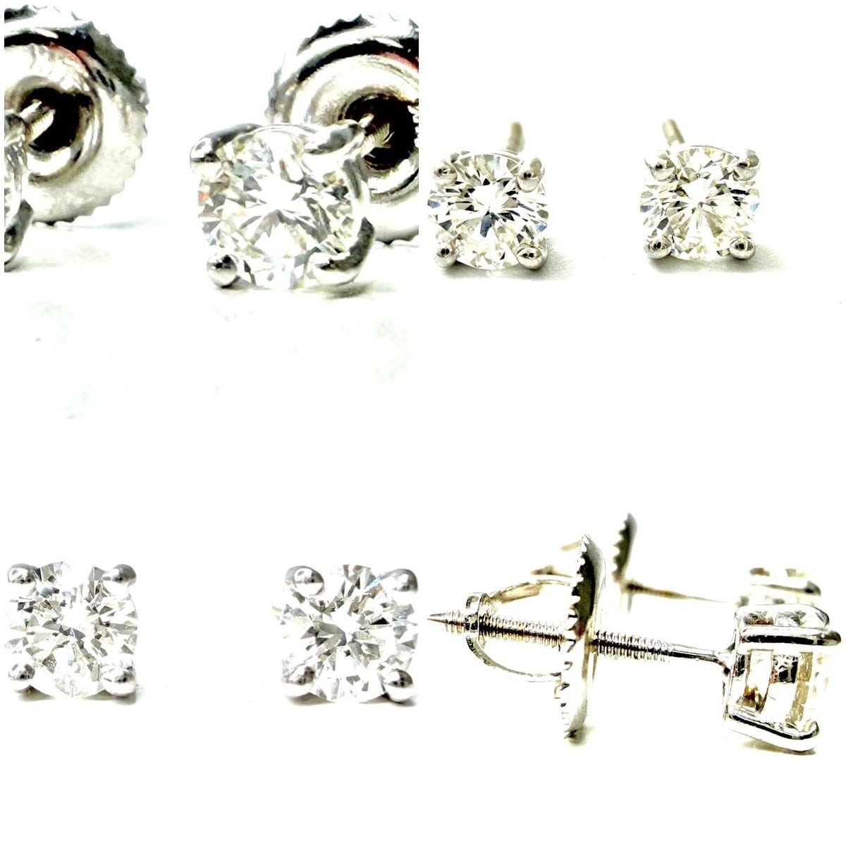 Close-up of diamond studs showing prong setting and clarity