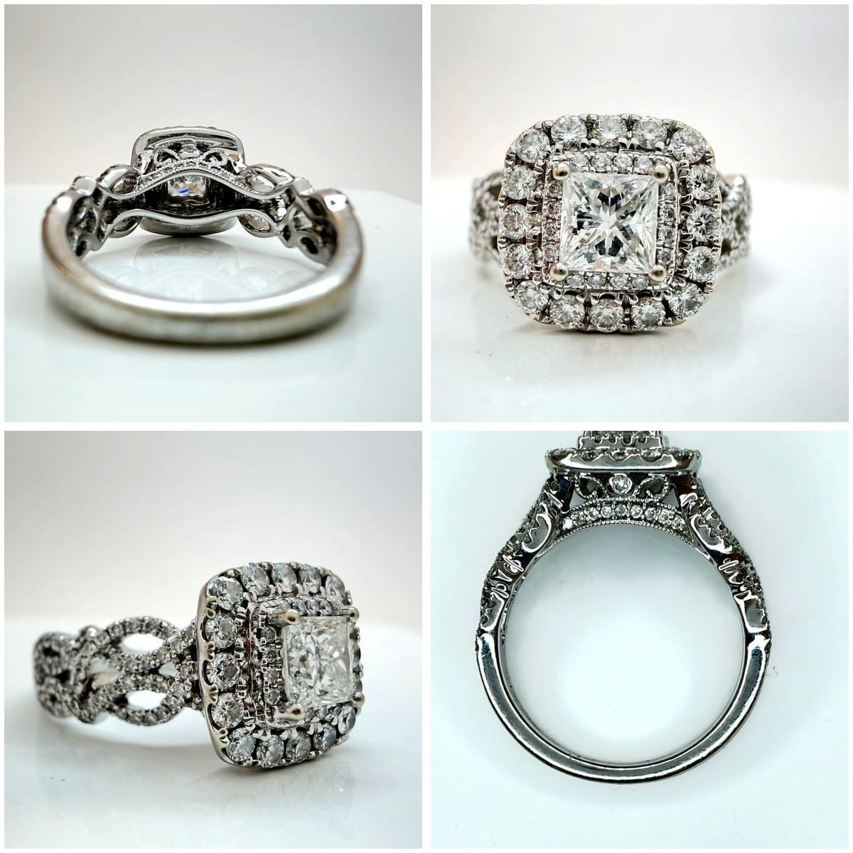 Collage of Neil Lane diamond ring details.
