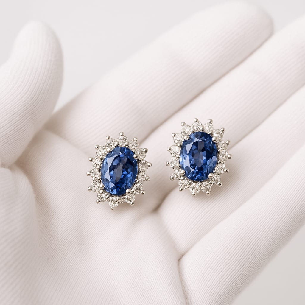 Detailed view of the earrings held by a white-gloved hand.