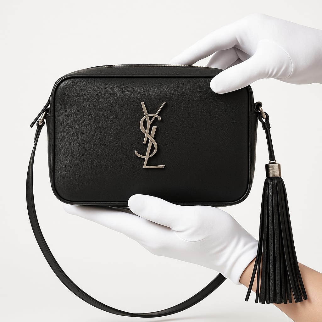 Close-up of YSL Lou Camera Bag hardware and strap