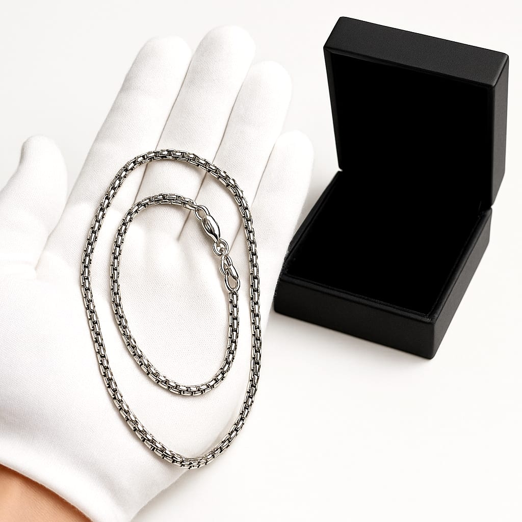 Detail of the 14K White Gold Chain with a white glove.