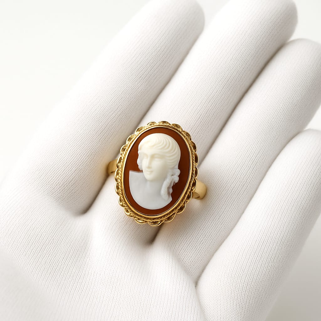 Close-up of the 12K Yellow Gold Vintage Cameo Ring