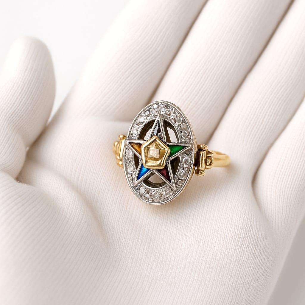 Detailed view of ring held by a gloved hand