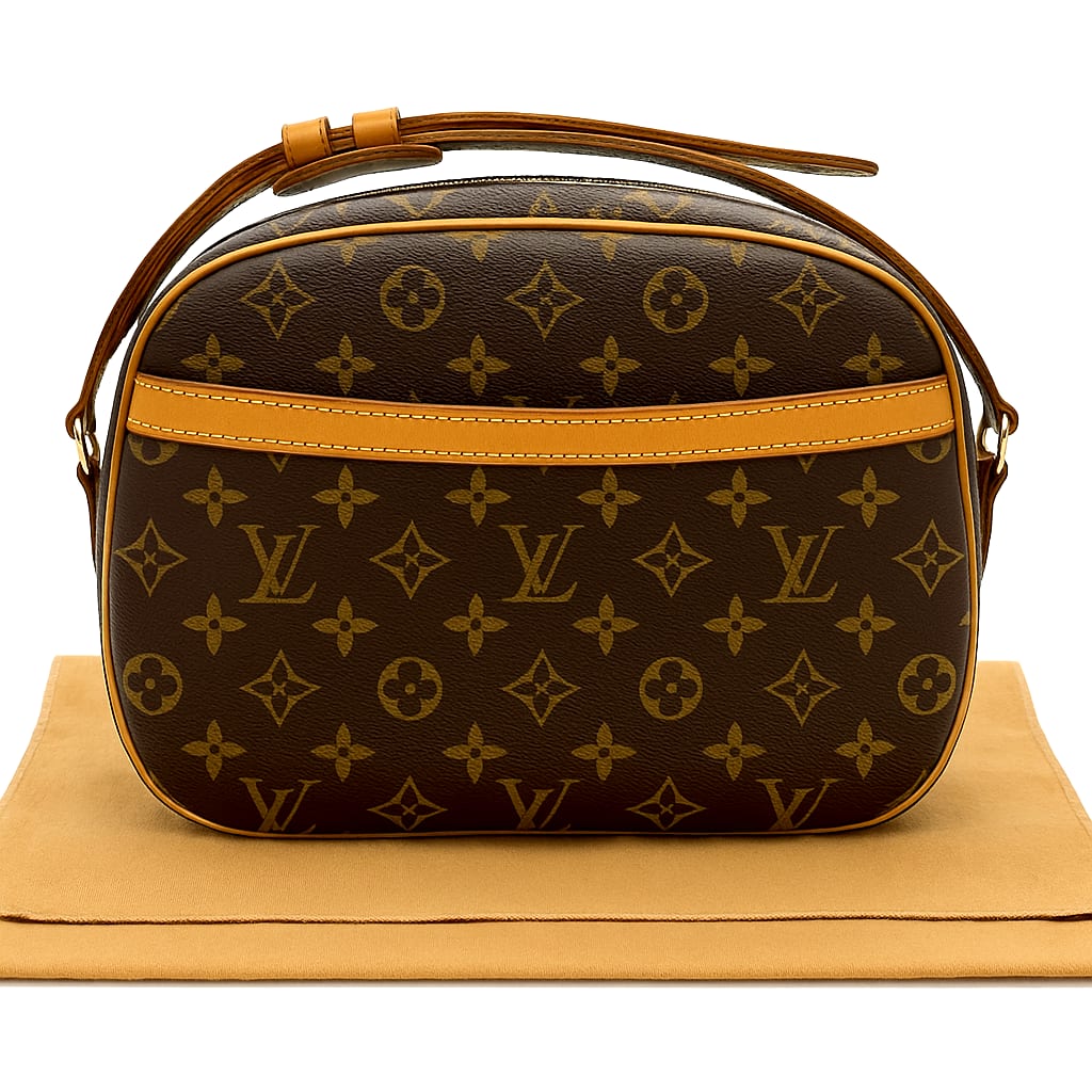 Close-up of Louis Vuitton Monogram Blois Bag with white glove