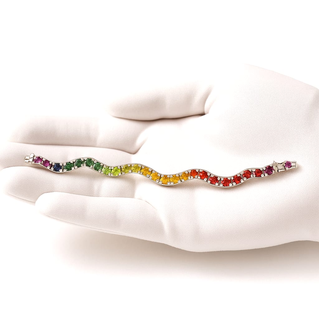 Detail of prong setting on 14K White Gold Multi-Colored Gemstone Bracelet