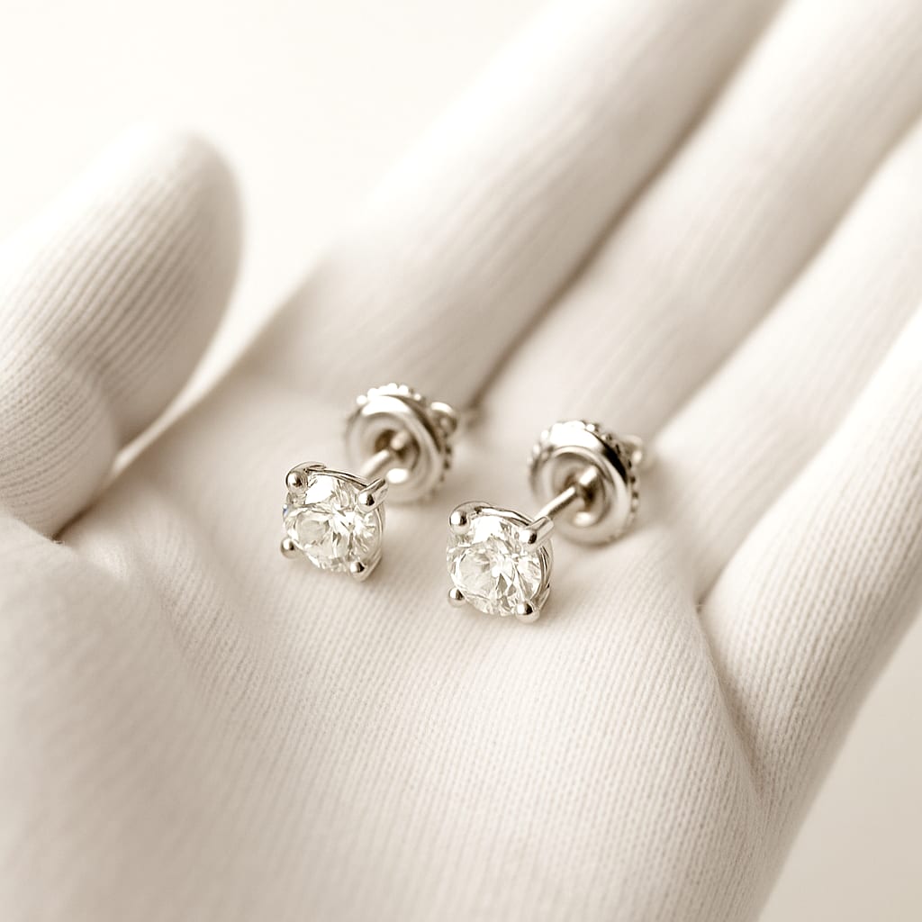 Screwback closure detail on diamond earrings