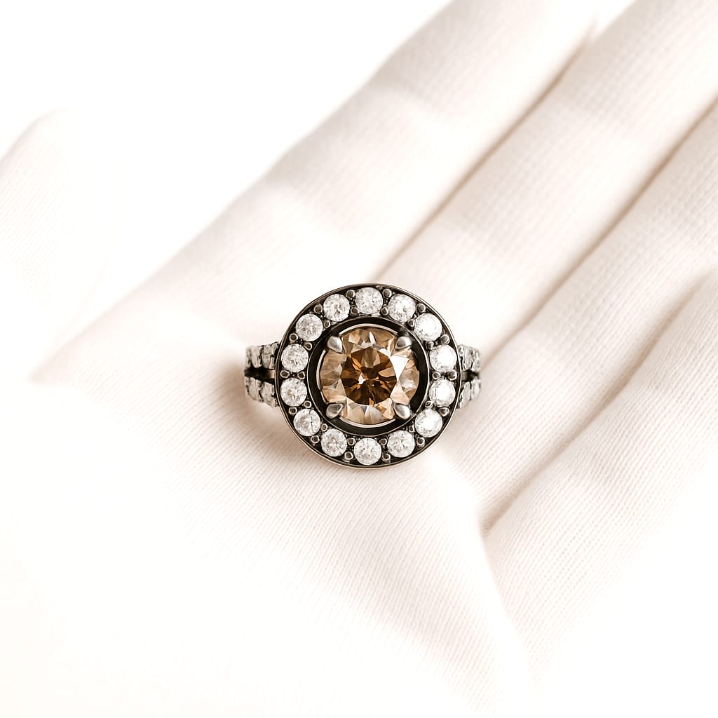 14K White Gold 1.83 ctw Diamond Ring detail shown with white gloves