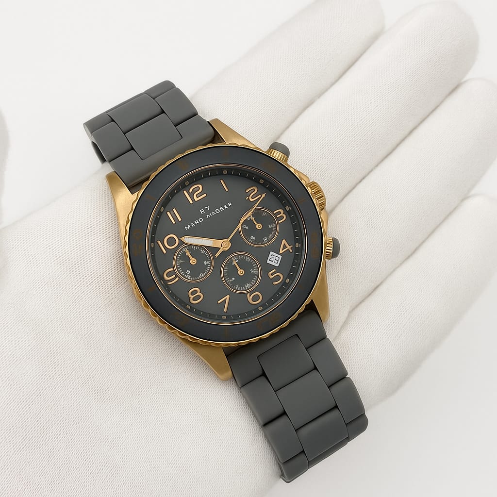 Detail view of Marc Jacobs watch with white gloves