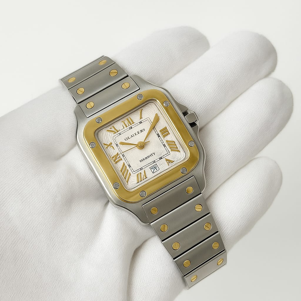 Detail of Cartier Santos watch under white gloves