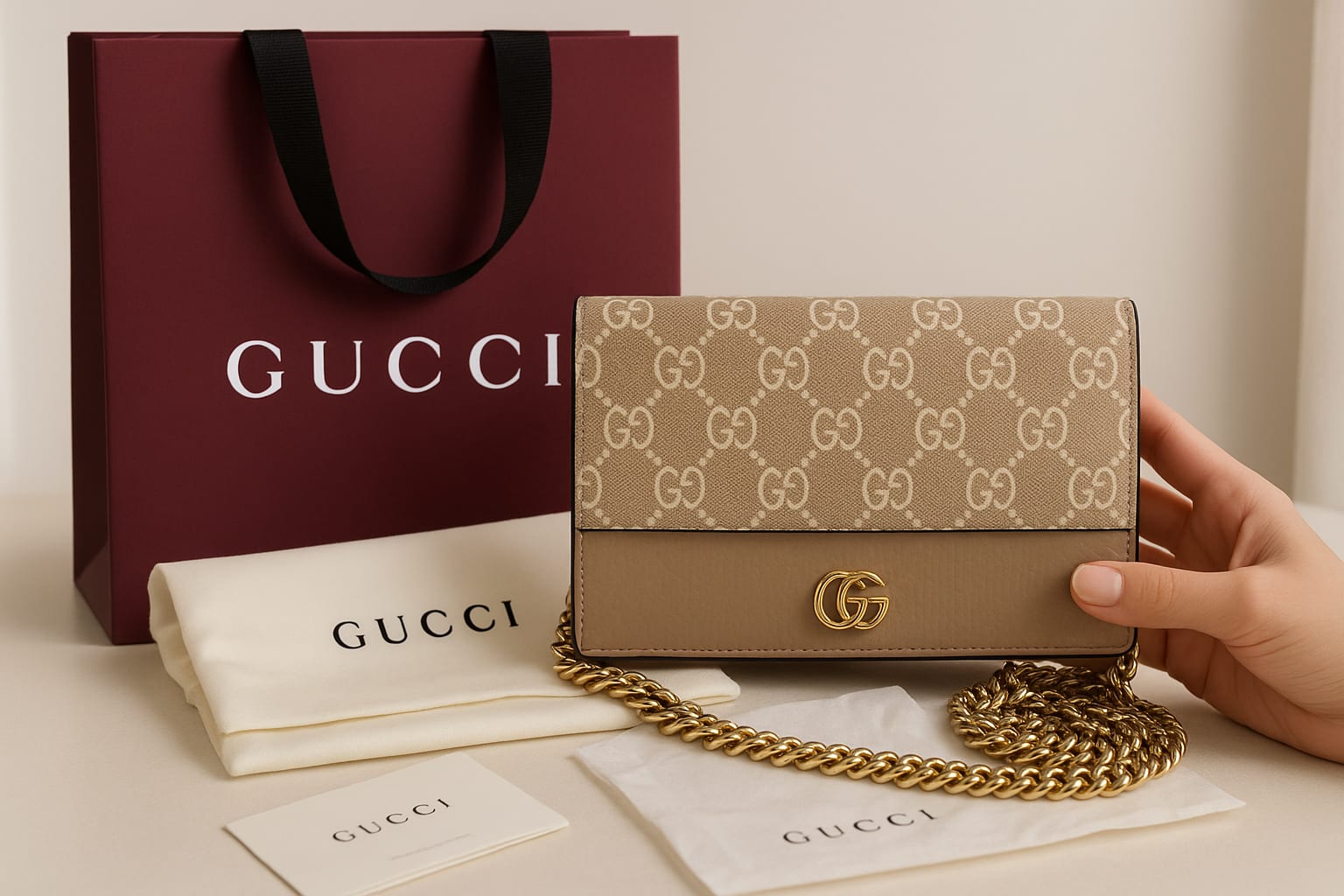 Gucci GG Supreme Wallet On A Chain on display