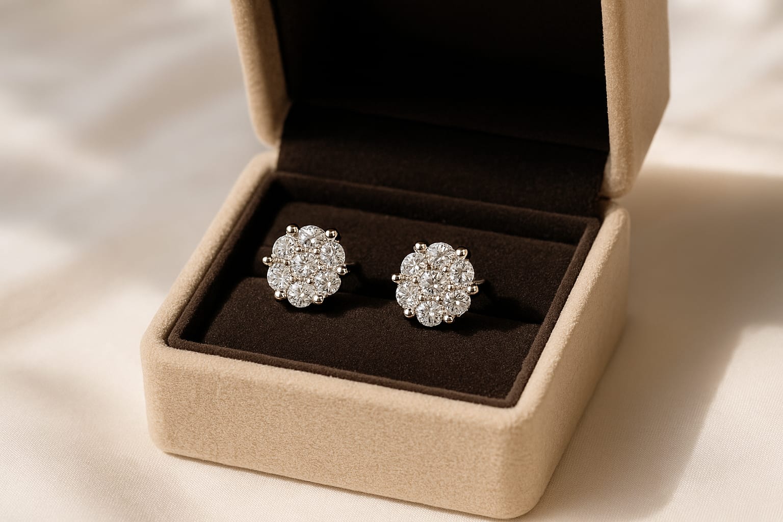 Luxury display of 14K White Gold Diamond Cluster Earrings