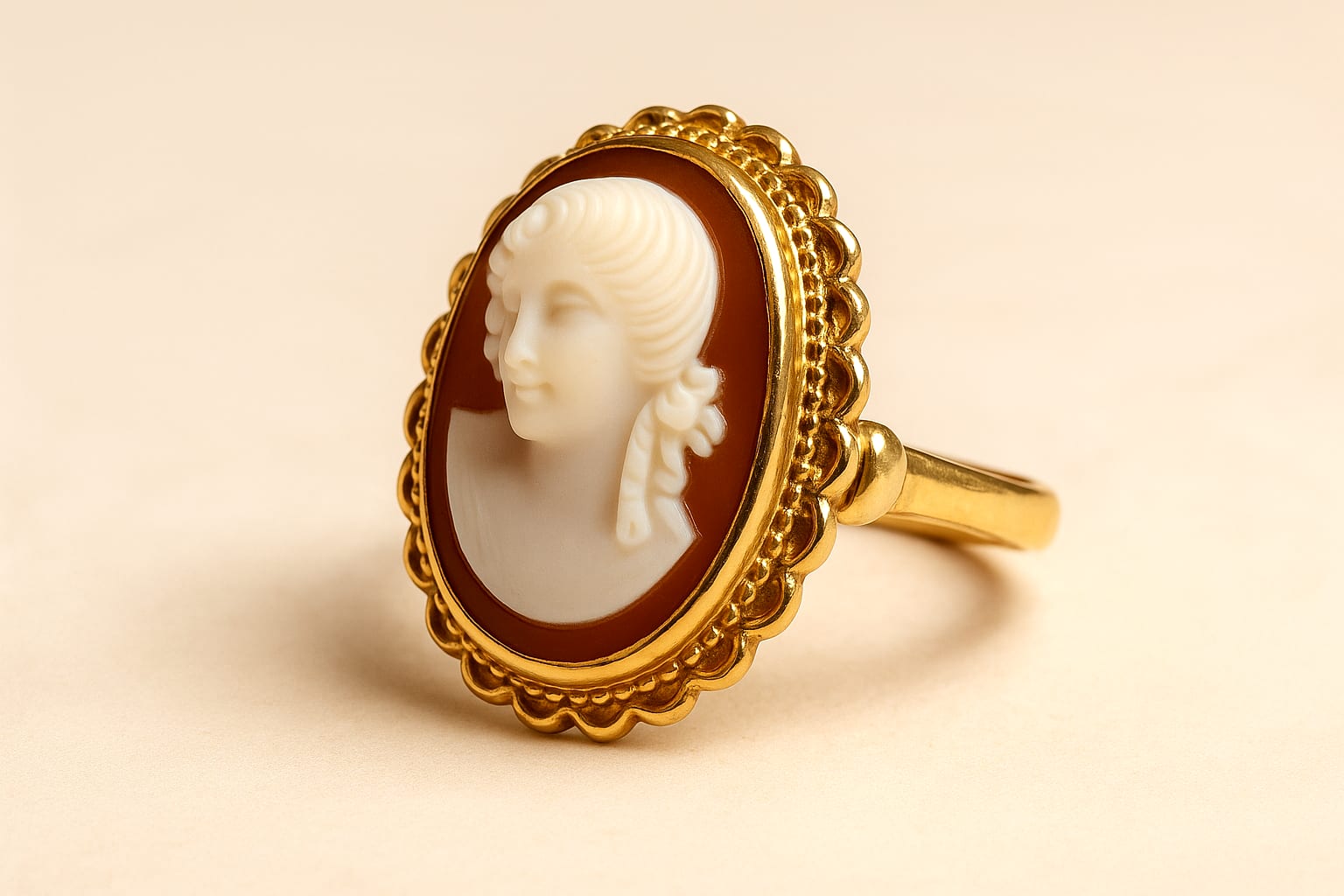 Luxury display of 12K Yellow Gold Vintage Cameo Ring