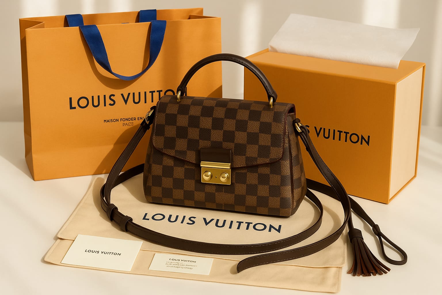 Louis Vuitton Damier Ebene Croisette Bag on display