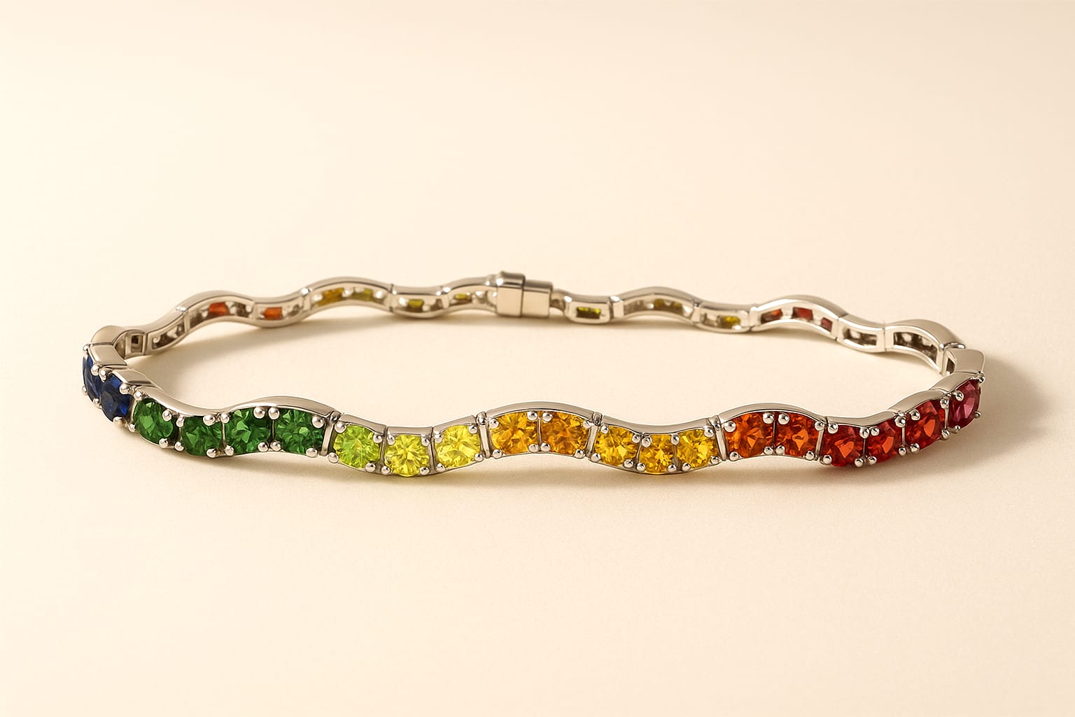 14K White Gold Multi-Colored Gemstone Bracelet displayed luxuriously