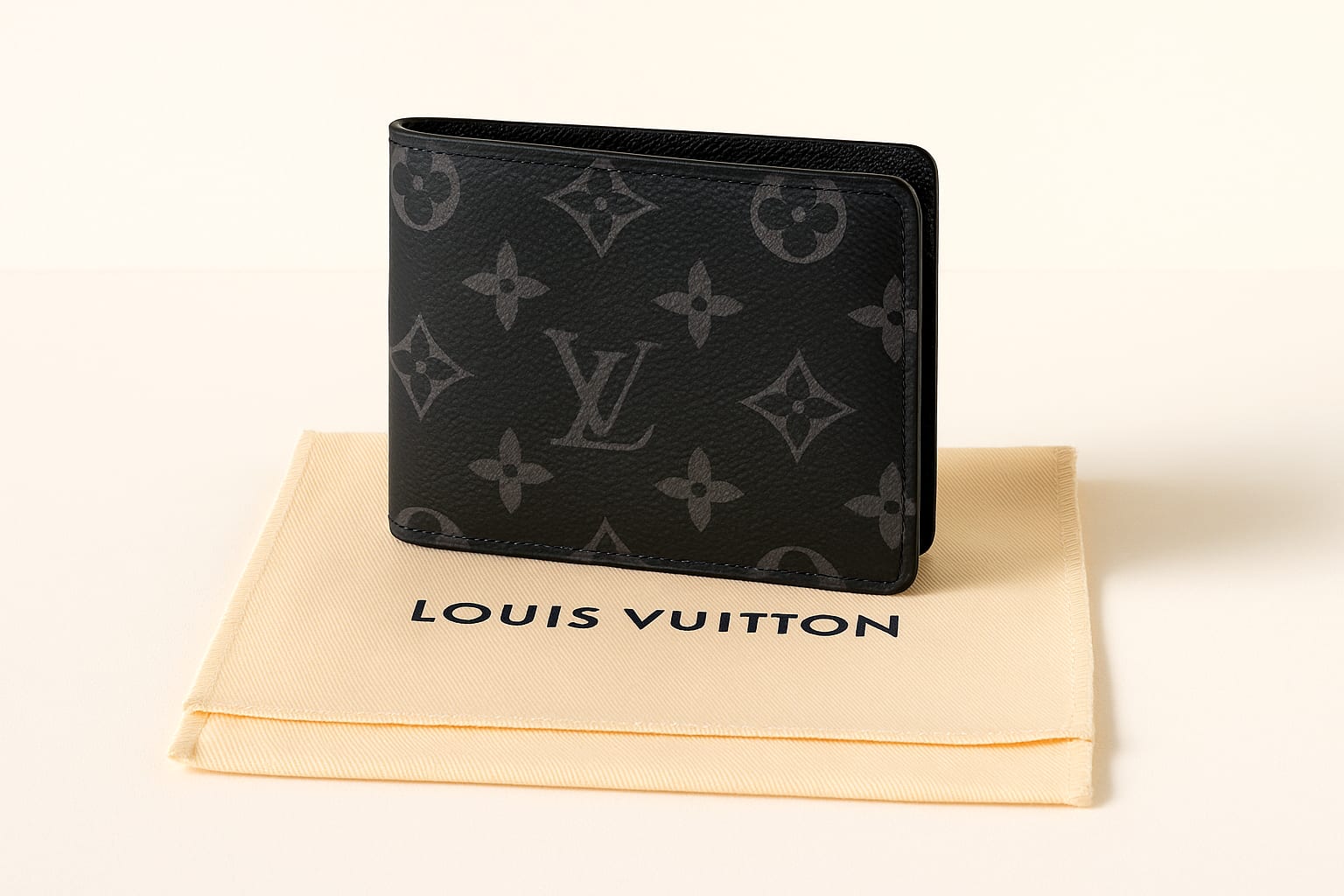 Wallet displayed with dust bag
