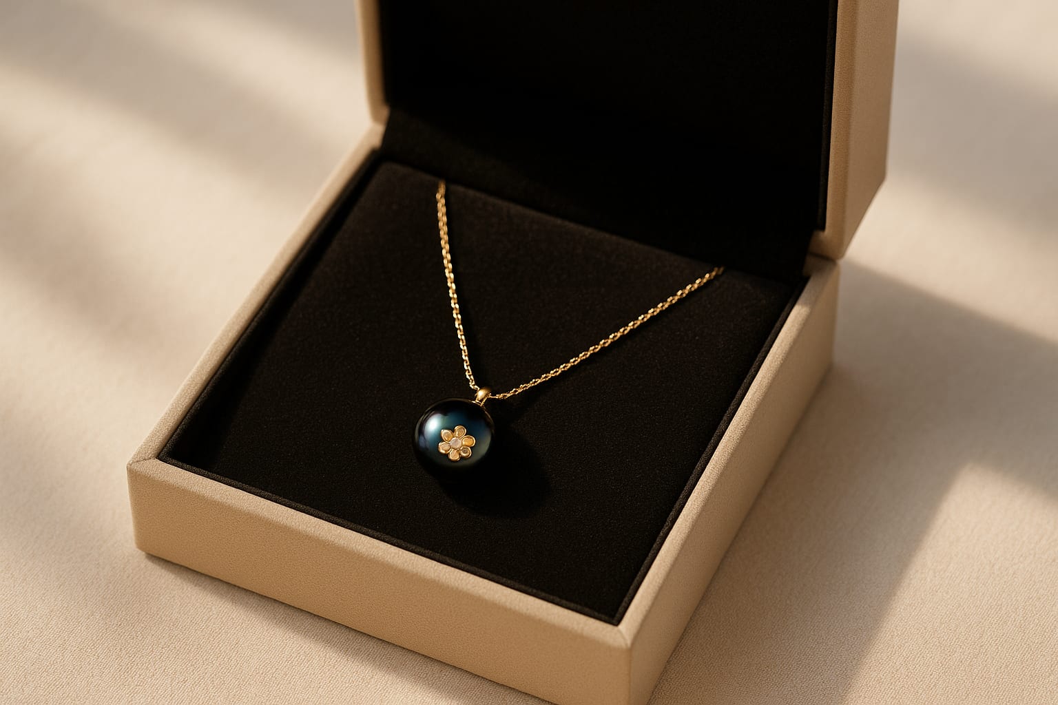 Luxury display of the 14K Gold Peacock Pearl Necklace