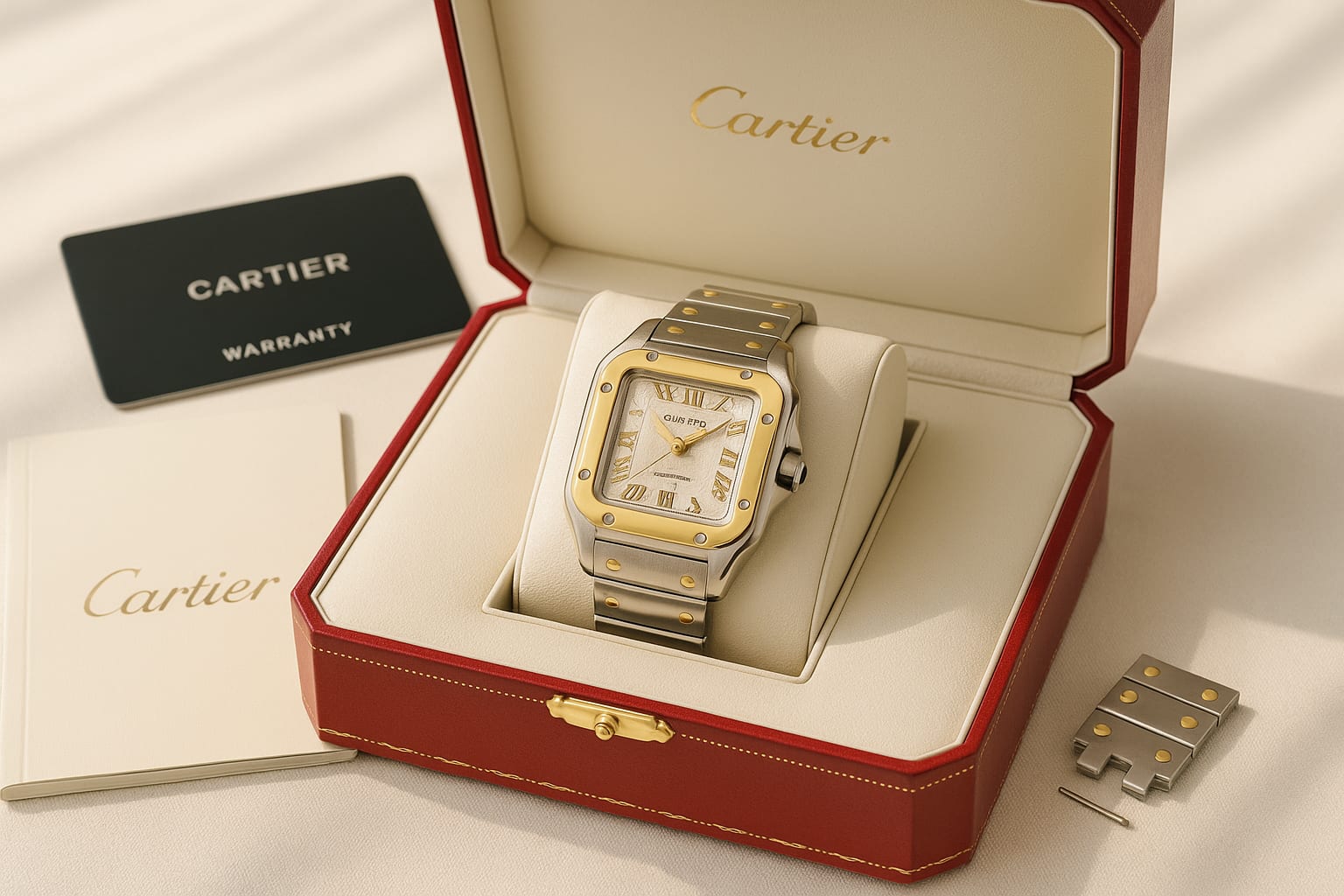 Luxury display of Cartier Santos watch