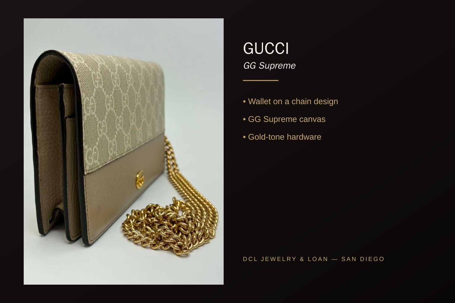 Infographic about Gucci GG Supreme Wallet On A Chain features