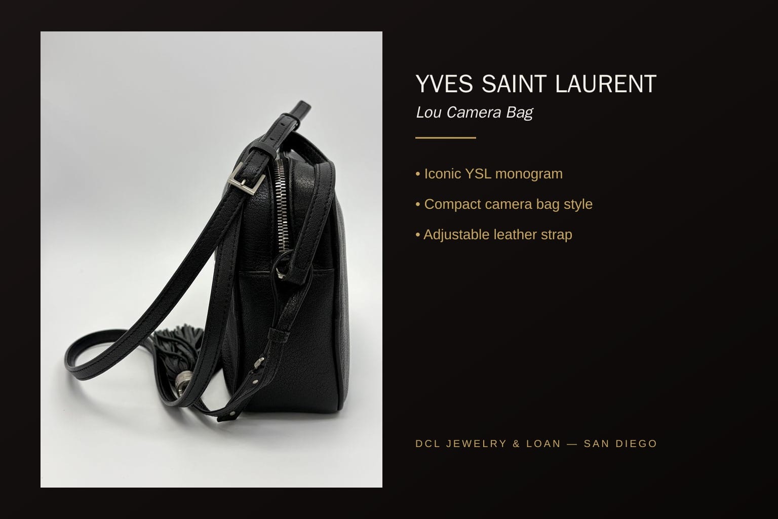 Infographic banner highlighting YSL Lou Camera Bag features