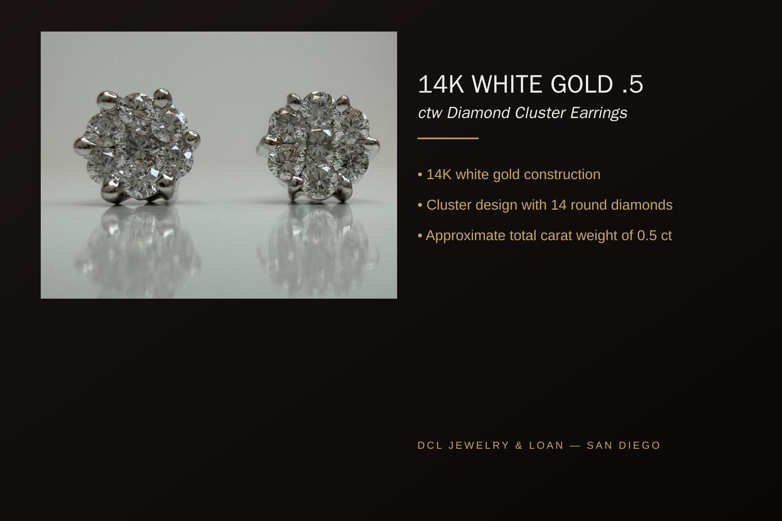 Infographic banner showcasing features of 14K White Gold Diamond Cluster Earrings