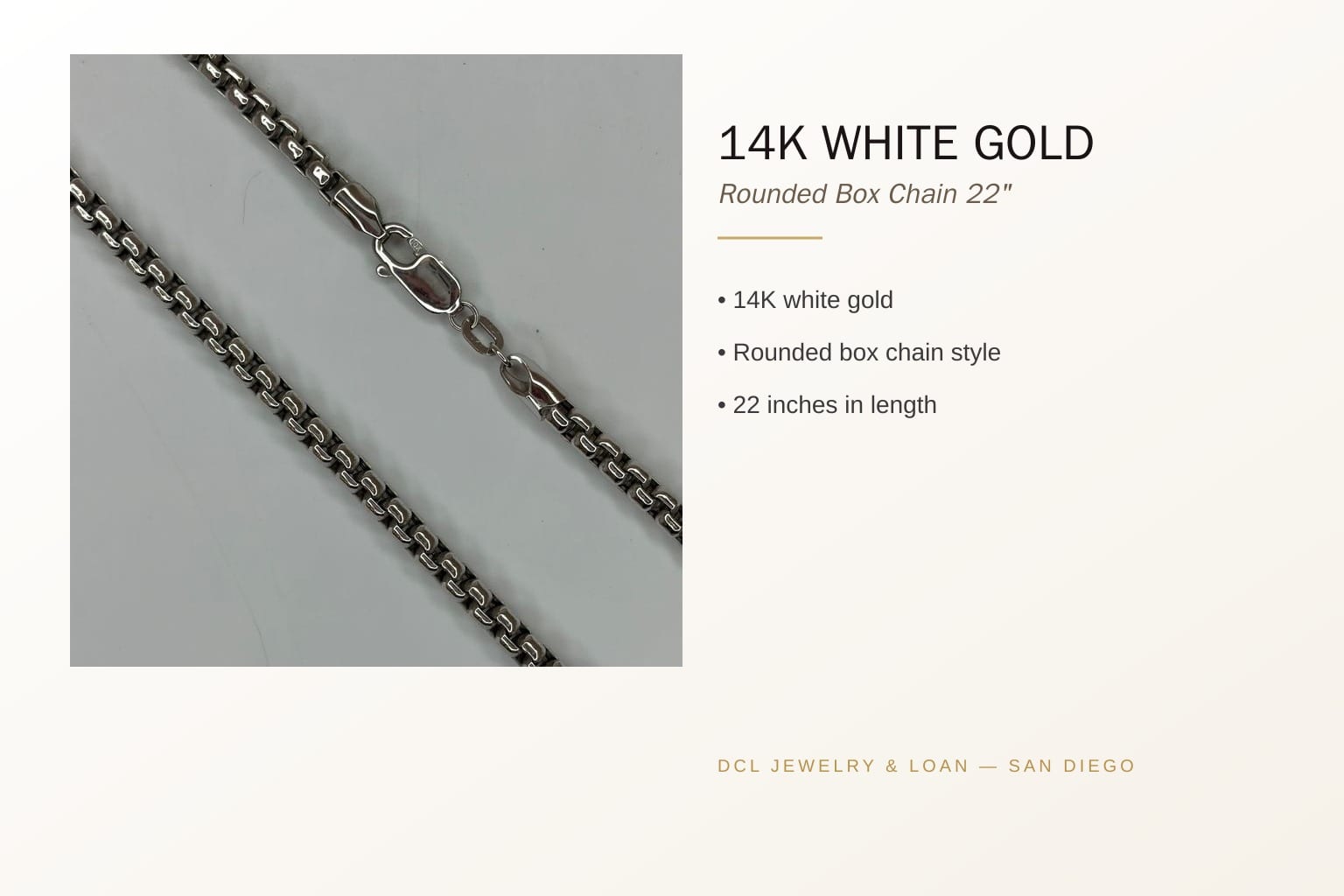 Infographic banner showcasing the features of the 14K White Gold Chain.