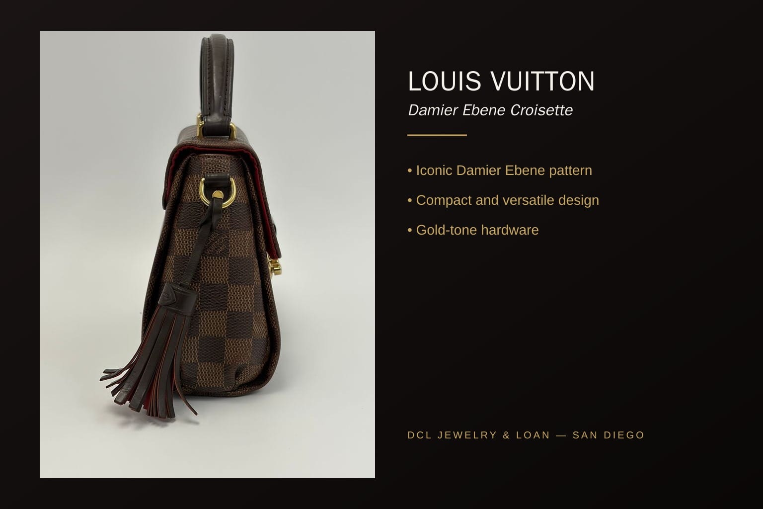 Infographic banner of Louis Vuitton Damier Ebene Croisette Bag