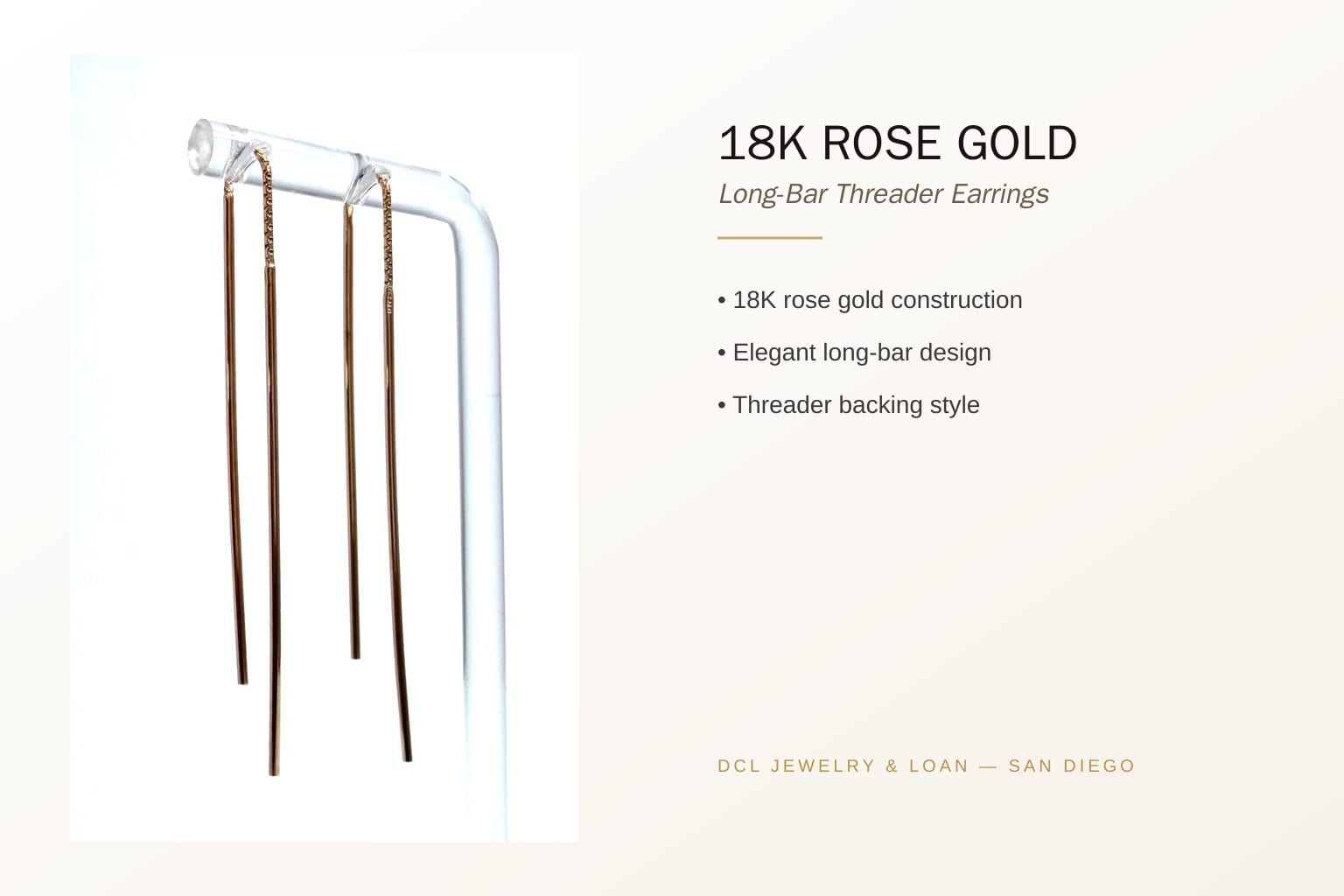 Infographic banner showcasing features of 18K rose gold earrings