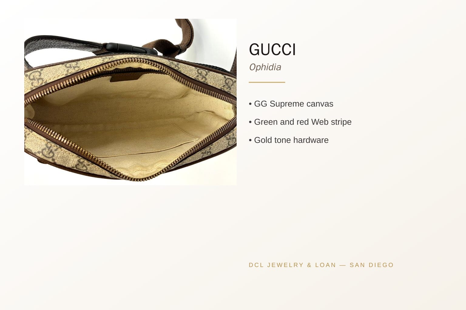 Infographic banner showcasing Gucci Ophidia Belt Bag features