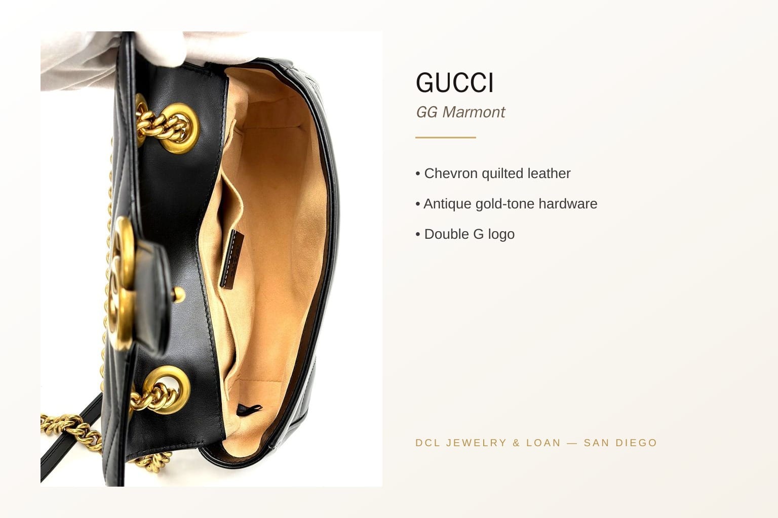 Infographic banner showcasing Gucci GG Marmont features