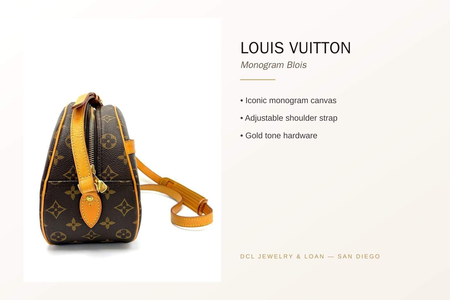 Infographic banner showcasing Louis Vuitton Monogram Blois Bag