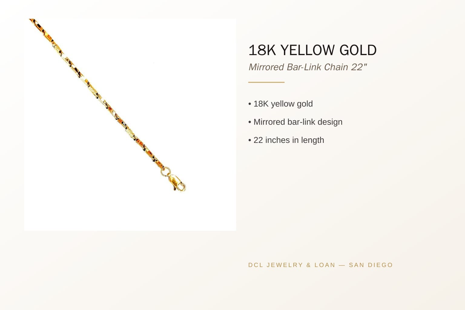 Infographic banner detailing the 18K gold chain features
