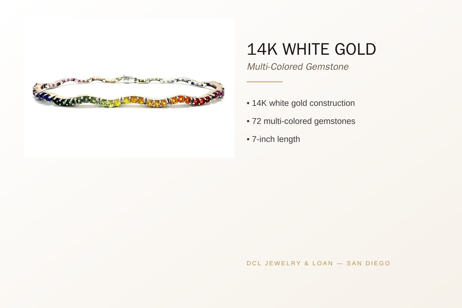 Infographic banner of 14K White Gold Multi-Colored Gemstone Bracelet