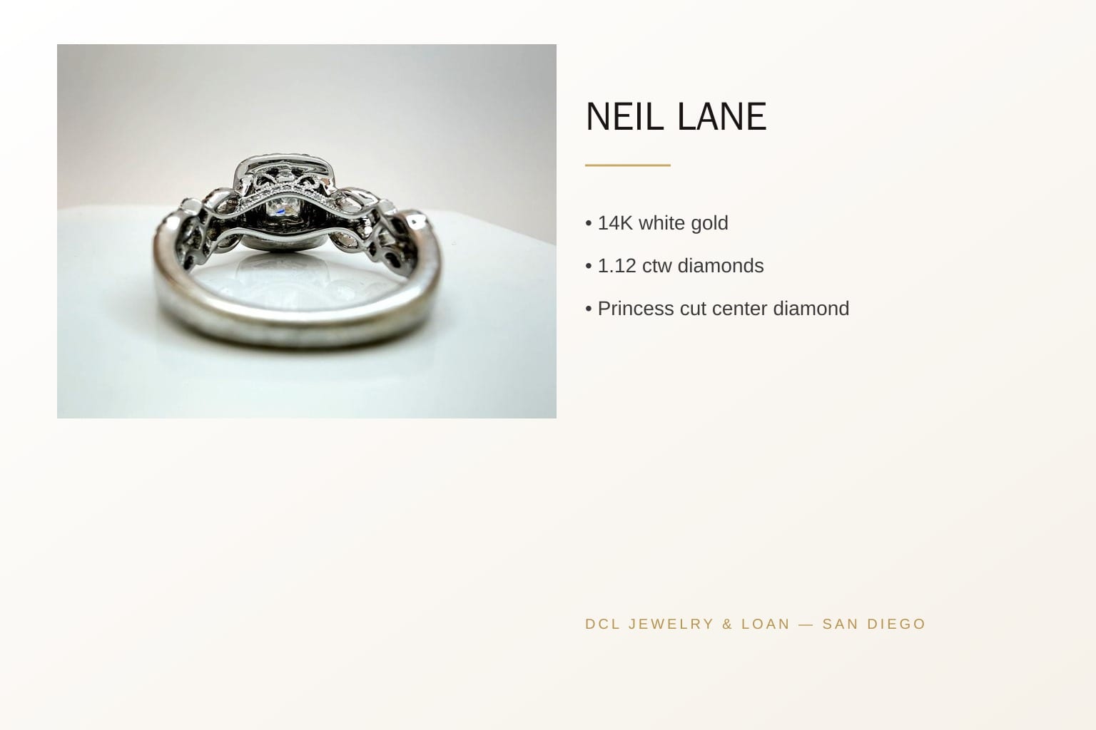 Infographic banner showing features of Neil Lane ring.